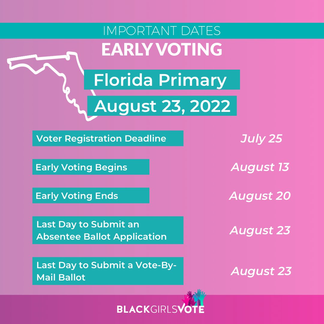 blackgirlsvote's tweet photo. FLORIDA 🗣🚨: The absentee application deadline and early voting for the statewide primary election begins and TODAY and is available until this Saturday, August 20th!!
Visit https://t.co/SoiV7fhAC8 to find all election info🖤💕🗳✨
#BGV #MATM22 #FLvotes https://t.co/UUkx2CBdOf
