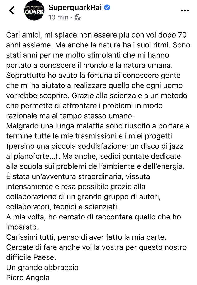 Come salutare un Gigante? Con le sue parole.
Perfette anche stavolta.
Dalla pagina di #Superquark
#PieroAngela