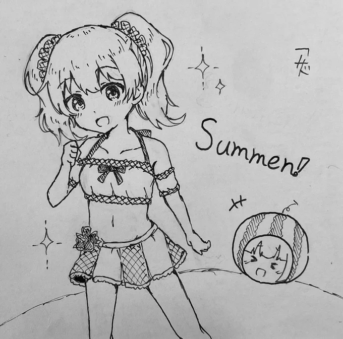 アナログ用のペン届いたので水着アリス描きました🍉 #kinmosa 