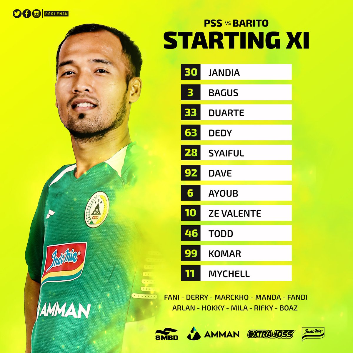 Penggawa Super Elja yang akan tampil di laga malam ini❗

𝘾𝙊𝙈𝙀 𝙊𝙉 𝙎𝙐𝙋𝙀𝙍 𝙀𝙇𝙅𝘼! 🦅

#PSS #UnityForOurGlory #PSSvsBaritoPutera #PSSday