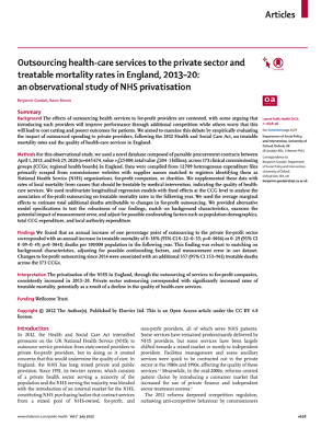 Outsourcing UK healthcare to for-profit companies from 2013-20 corresponded with significant increased mortality likely due to a decline in quality of healthcare services. <a href="/fordnation/">Doug Ford</a> <a href="/SylviaJonesMPP/">Sylvia Jones</a> <a href="/OntarioAuditor/">Auditor General ON</a> <a href="/ShamjiAdil/">Dr. Adil Shamji 🇨🇦</a> <a href="/JohnFraserOS/">John Fraser</a> <a href="/NickelBelt/">France Gélinas</a> - The Lancet July, 2022