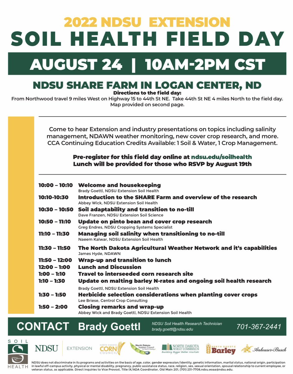 NDsoilhealth's tweet photo. Don’t forget to register for the August 24 #soilhealth field day at the SHARE Farm in Logan Center - it’s an outstanding lineup!  https://t.co/PifKHY5Pru @ndcorn @NDSoybean @NDBarleyCouncil @PaulSchroden @ZZrock @NDSUExtension @Brady_SoilSci https://t.co/DtHJ6XdG3T