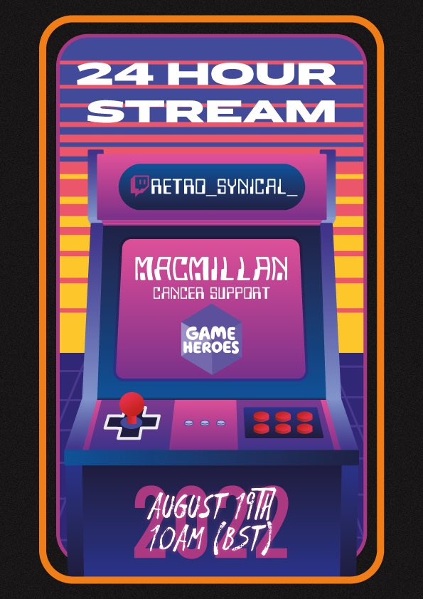 Eeeeee less than one week away!! And it s the 24 hour stream!!! 

Am so excited and more things to be announced on Monday!! 

19th August 10pm GMT see you there for madness! 

Below link is why I’m doing this for this amazing charity! 

gameheroes.macmillan.org.uk/fundraising/re…