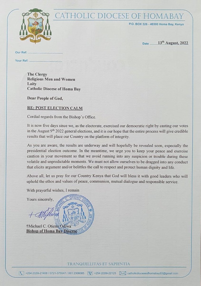 cdohb's tweet photo. Keep your peace and exercise caution... never allow ourselves to be dragged into any conduct that ilicit argument and/or belittle the call to respect and protect human dignity and life #BishopsvoiceKE @cdohb @frmege @KenyaKccb @CJPDKENYA @NCCKKenya https://t.co/FYg5efmzqV