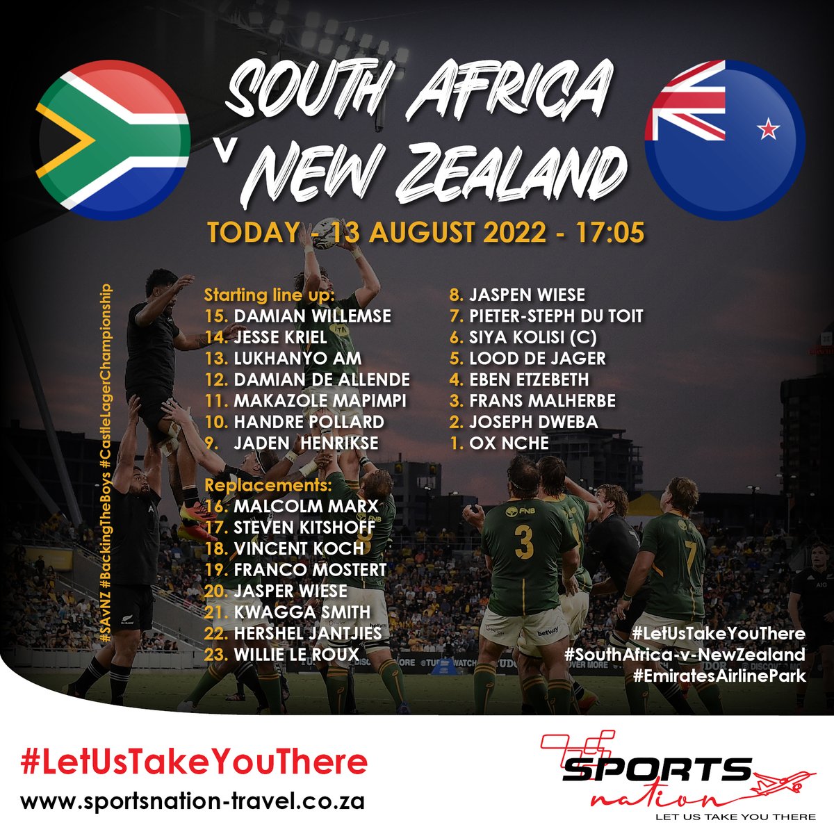 SportsnationZA's tweet photo. Are you ready and almost on your way to the stadium for todays match? Herewith the Springbok team that will take on the All Blacks today at 17h05. Show your #BokSupport by posting a FAN Photo in the comments! #BackingOurBoys #Springbokke #LetUsTakeYouThere https://t.co/624jo509lG