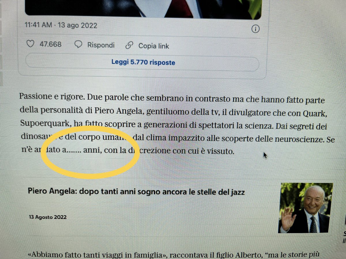 Perdiamo un maestro di giornalismo, scienza, pedagogia ed educazione.
Nel frattempo ecco a voi invece l’autorevolezza di <a href="/repubblica/">Repubblica</a> e dei suoi coccodrilli 

#PieroAngela