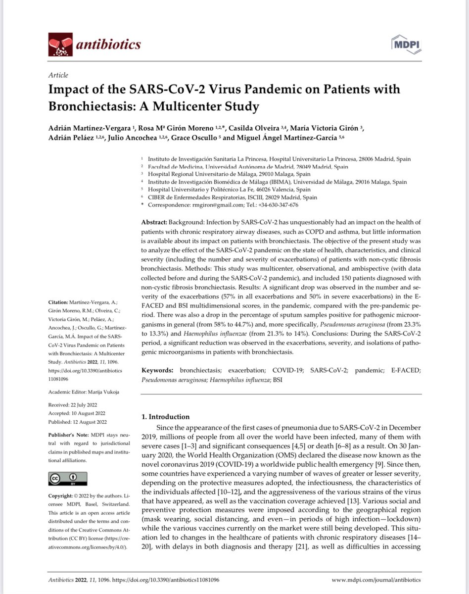 miangel16338's tweet photo. During the pandemic, bronchiectasis exacerbations decreased by 57% and severe exacerbations by 50% according to our results in a recent paper published in "antibiotics". We need to maintain these positive things in such as horrible situation. https://t.co/j0SH8tlmFN