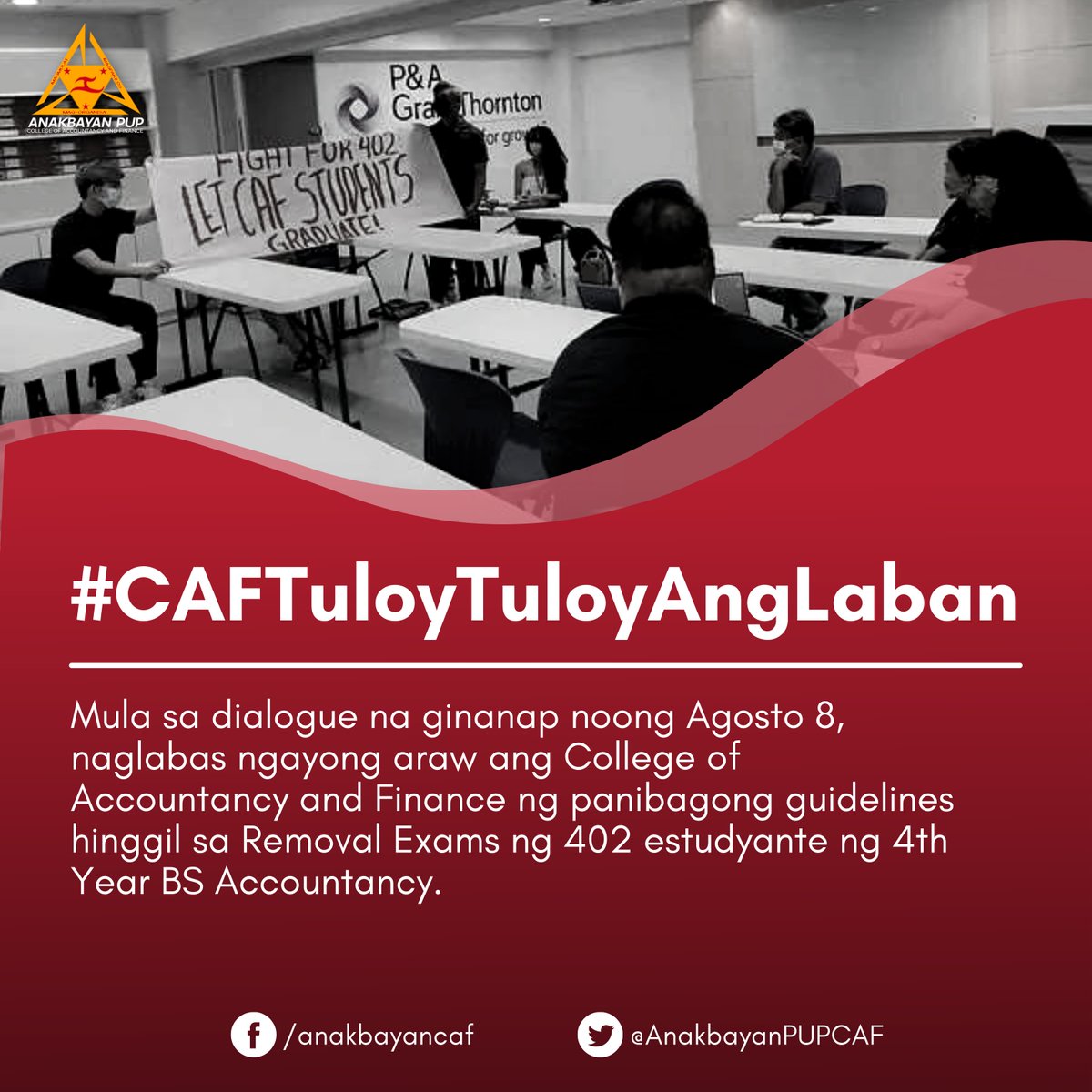 AnakbayanPUPCAF's tweet photo. FIGHT FOR 402 NEWS UPDATE

Mula sa face-to-face dialogue na ginanap noong Agosto 8, naglabas na ngayong araw ang College of Accountancy and Finance ng panibagong guidelines hinggil sa Removal Examinations ng 402 estudyante ng 4th Year BS Accountancy sa buong PUP System-wide. https://t.co/S42uee1ctu