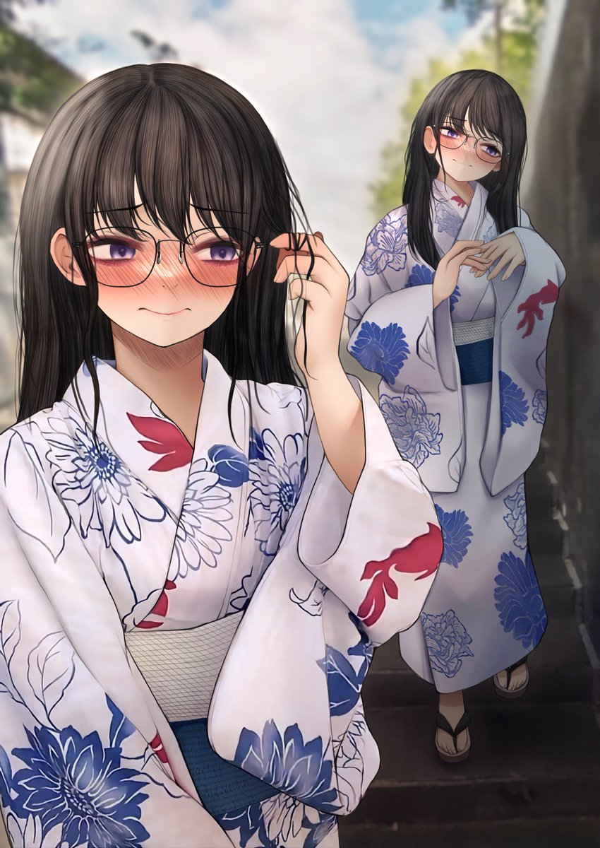 japanese clothes glasses kimono blush long hair black hair animal print  illustration images