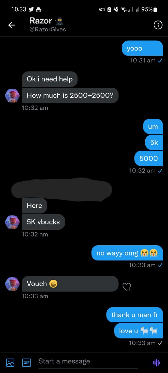 excesswrld's tweet photo. THANK YOU SO MUCH @RazorGives for 5k vbucks in dms 😭😭❤️ #RazorLegit love u man https://t.co/PNjzfJGWBB