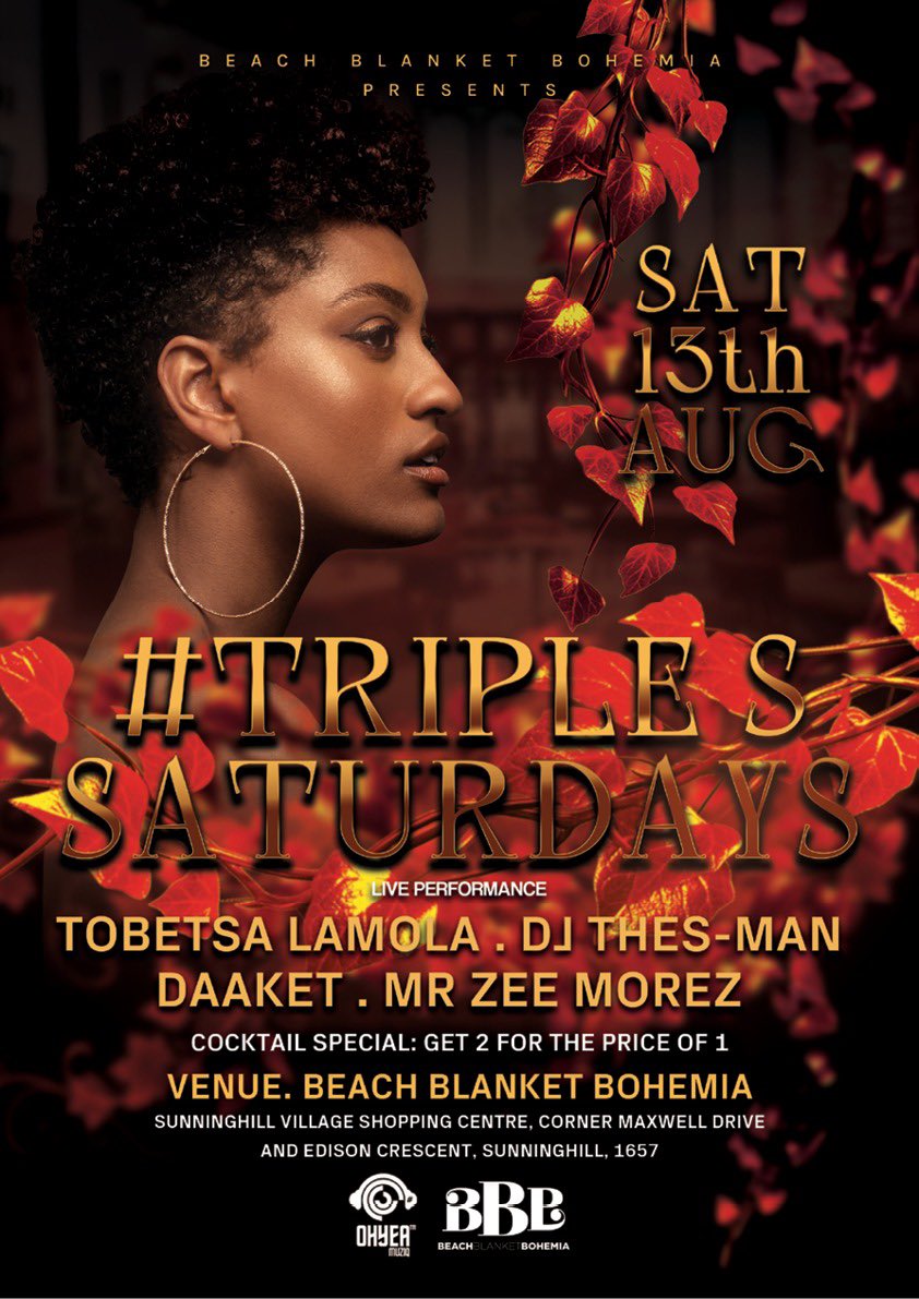 DjThesMan's tweet photo. How about some #deephouse, great food and drinks later today?
See you at BBB, Sunninghill - Sandton as I’ll be at #TripleSSaturdays with the @OHYEAMUZIQ squad https://t.co/Vw5MkQEDtG
