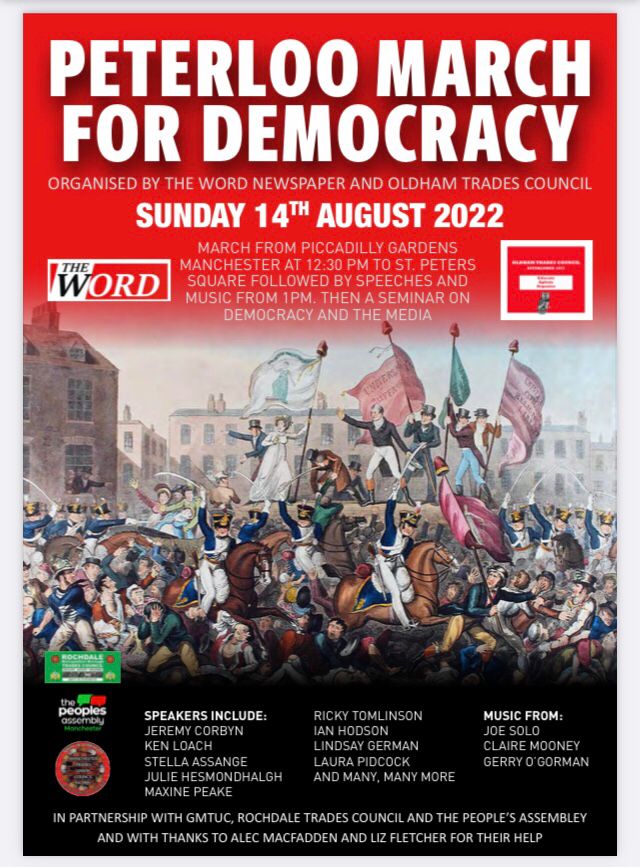 MCR PeoplesAssembly (@pplsassemblymcr) on Twitter photo Tomorrow!! Peterloo March, Rally and Events .
March: Assemble Piccadilly Gardens 12pm for 12:30pm departure
Rally: After the march, in St Peter's Square
Panel Events: From 3:30pm <a href="/FriendsMtgHouse/">Friends' Meeting House Manchester</a>
#Assange <a href="/IthakaMovie/">Ithaka the Movie</a>: 6:30pm Tomorrow!! Peterloo March, Rally and Events .
March: Assemble Piccadilly Gardens 12pm for 12:30pm departure
Rally: After the march, in St Peter's Square
Panel Events: From 3:30pm <a href="/FriendsMtgHouse/">Friends' Meeting House Manchester</a>
#Assange <a href="/IthakaMovie/">Ithaka the Movie</a>: 6:30pm