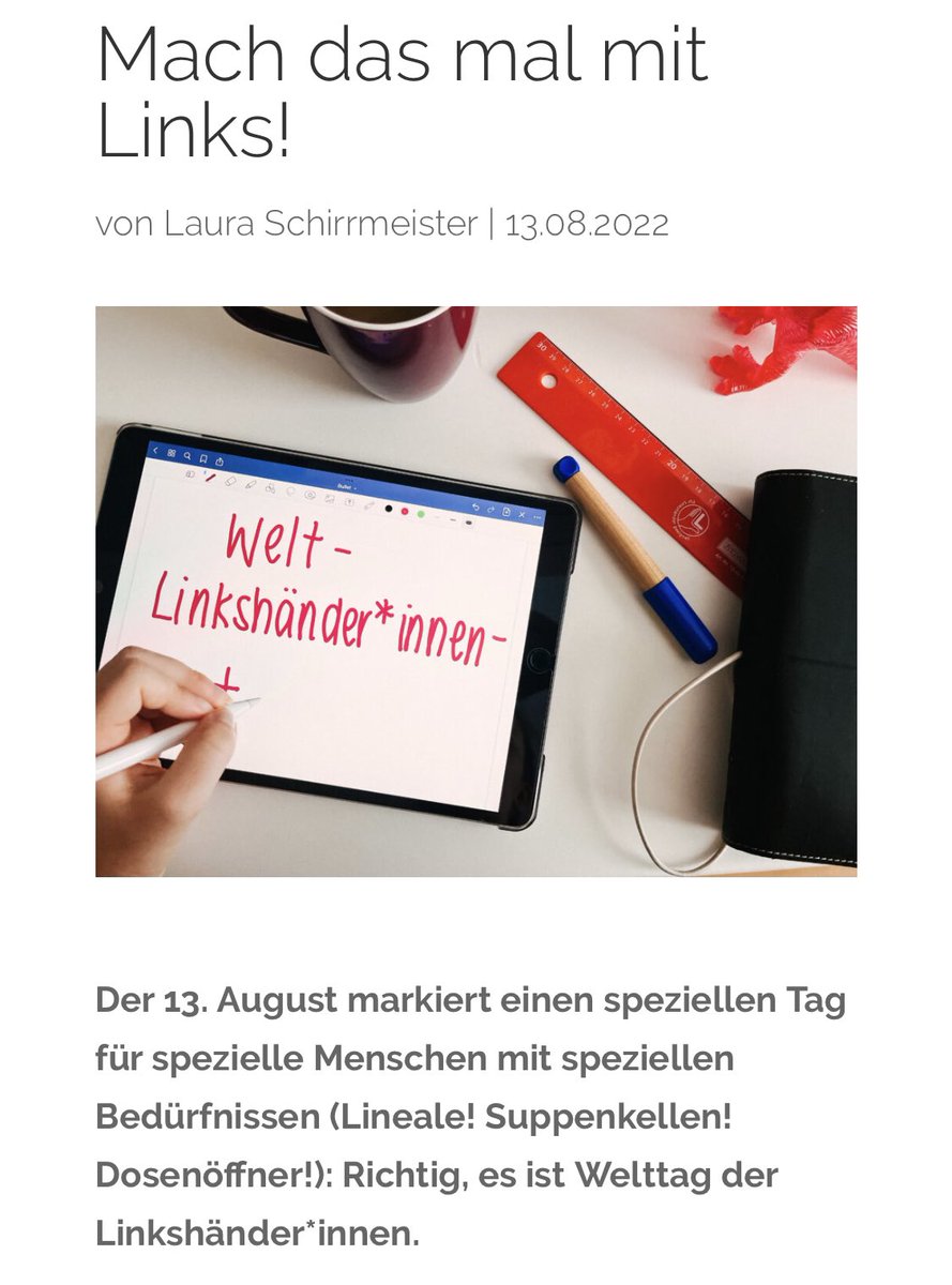 webmoritz's tweet image. Heute ist #Weltlinkshändertag!
Laura hat recherchiert, welche Mythen es zur Linkshändigkeit gibt und wie es eigentlich zu — Achtung, linkshändiges Fachwort — Sinistralität kommt.

➡️ Zum Nachlesen: webmoritz.de/2022/08/13/mac…