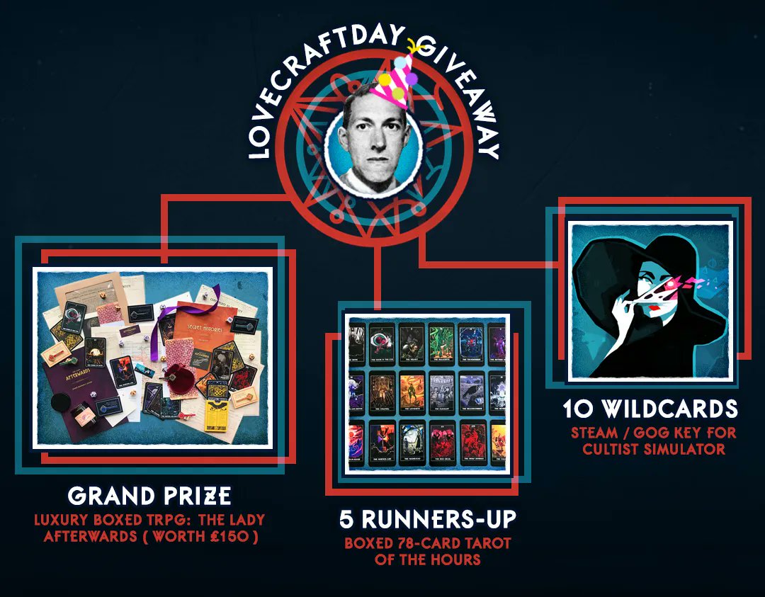 weatherfactory's tweet image. Retweet this and follow @factoryweather to enter our weeklong #Lovecraftday giveaway! We have deluxe TRPG boxes, tarot decks and copies of Cultist Sim to hand out… FOR FREEBSIES

🐙 FAQ: buff.ly/3QAQAJ5