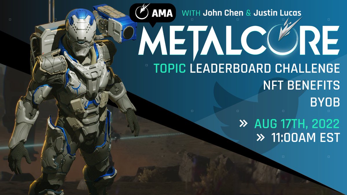 playmetalcore's tweet photo. 🌟 Twitter Spaces AMA🌟

Hosted by @Studio369__ 's @NovaStorrm 😎 

Join @j0hnchen &amp; @jlmetalcore as they address all your questions on: 

➡️ BYOB 
➡️ Leaderboard 
➡️ NFT Utility 

⏰ : 11 AM EST 
🗓️ : AUG 17TH 

Drop your questions in the comments below ⬇️

#PlayMetalCore #AMA https://t.co/OdzcippNCj