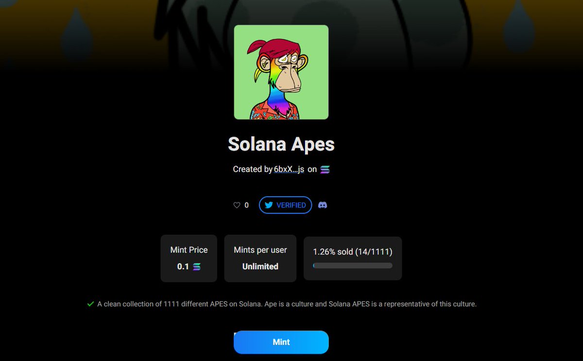 nftt_man's tweet photo. Solana Apes Mint is Live

#NFT #solana #ME #mint #MintingNow 

 mint price: 0.1 Sol
mint:  https://t.co/vvBM4C4CGq https://t.co/ar5RhXa2dA