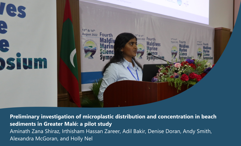 MMRI_Maldives's tweet photo. Aminath Zana Shiraz presents a pilot study aimed at establishing a baseline of the concentration, composition and distribution of microplastics associated with beaches in greater Malé region. #MMSS2022 https://t.co/X2EjcX77Qg