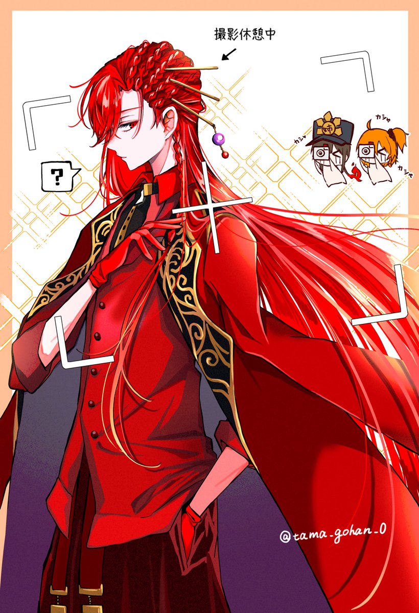 fujimaru ritsuka (female) ,oda nobunaga (fate) red hair long hair necktie gloves 1boy shirt red gloves  illustration images