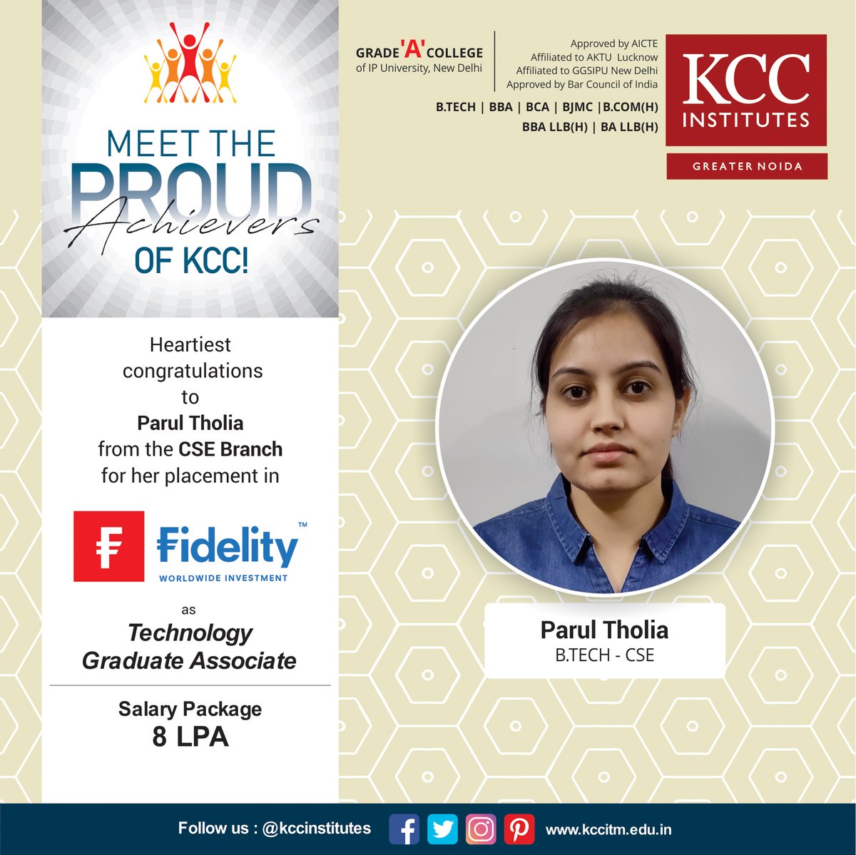 KCCinstitutes's tweet photo. Placement Success Stories at KCC Institutes
Congratulations to Parul Tholia from B-TECH CSE Branch for getting placed in Fidelity as Technology Graduate Associate.
Congratulations on this achievement. 
#kccitm #ggsipu #ipuniversity #aktu #bba #bca #bajmc #bcomh #btech https://t.co/PWp2WnXFEO
