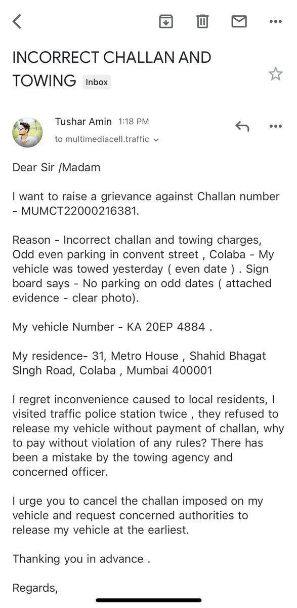 tr6mytweet's tweet photo. @MTPHereToHelp Sent email at 1:18 pm , no response yet. I have not violated any rules, the concerned traffic police officer (Mr Pednekar - +91 836-9740998) accepted it’s towing agency fault. They are not able to delete the challan from their end or send grievance .Please resolve this issue. https://t.co/RqXLHf9AYt