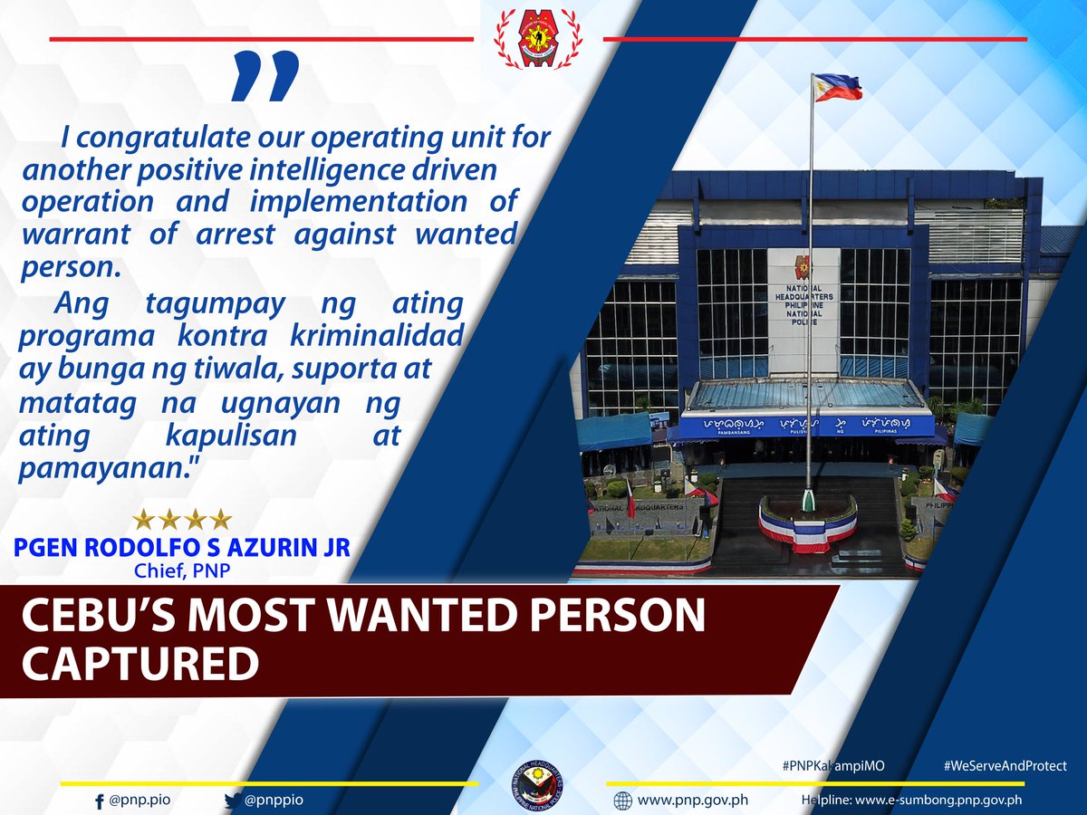 pnppio's tweet photo. A successful implementation of warrant of arrest resulted to the arrest of Cebu’s topmost wanted person.
Read more: https://t.co/kyKe57Iefs

#WeServeAndProtect
#PNPKakampiMo
#PulisNgPilipino
#MalasakitKaayusanKapayapaanTungosaKaunlaran

https://t.co/txtYyrzpsG https://t.co/Lud2ZqlhKI