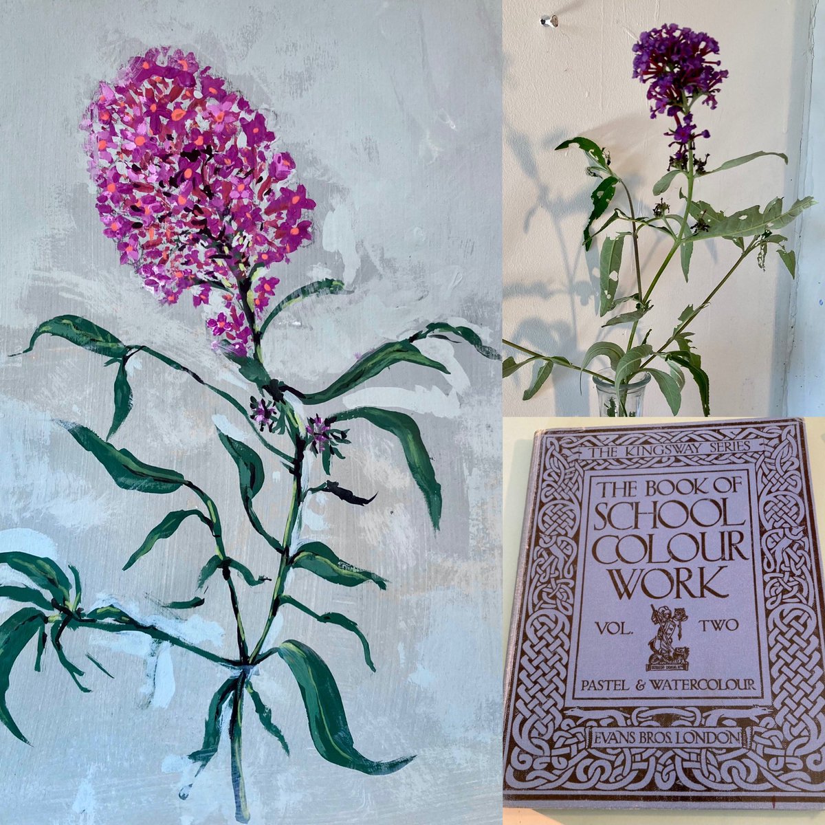 LornaBatesArt's tweet photo. Beaten by the heat. Managed this flower study this morning in the studio, but going indoors this afternoon. Will teach myself how to paint leaves from this lovely old book. #flowerpainting #flowerpaintings #flowerstudy #gardenflowers #sketchbookpage #surfacepatternartist https://t.co/AZWxxl0GoD