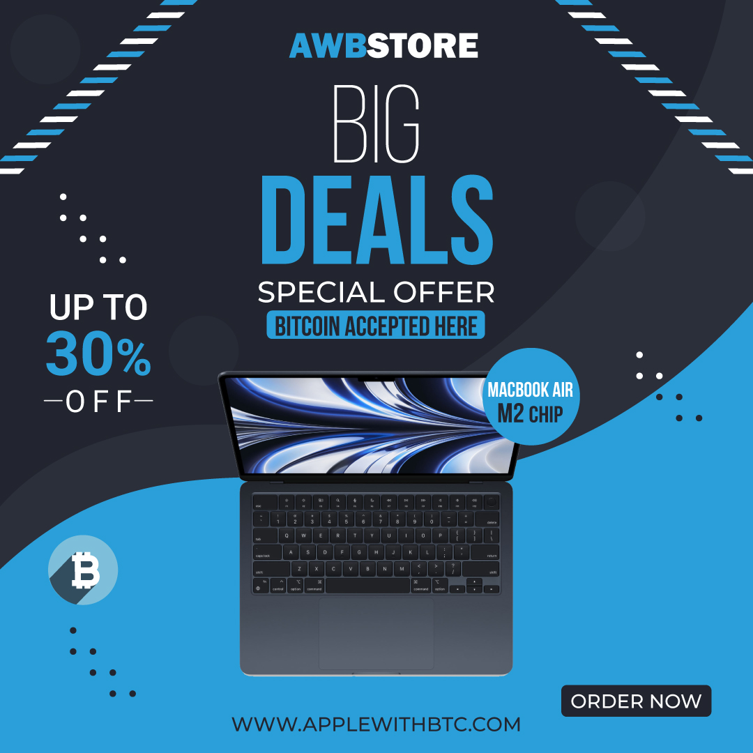 applewithbtc's tweet photo. Buy MacBook Air M2 with Bitcoin and try the new levels of performance. Currently, purchasing a new MacBook Air M2 with cryptocurrency can yield savings of up to 15%. Check out: https://t.co/f2jUGuHlBw

#bitcoinacceptedhere #bitcoinaccepted #bitcoin #binance #cryptocurrency https://t.co/lsvpVNSlUW