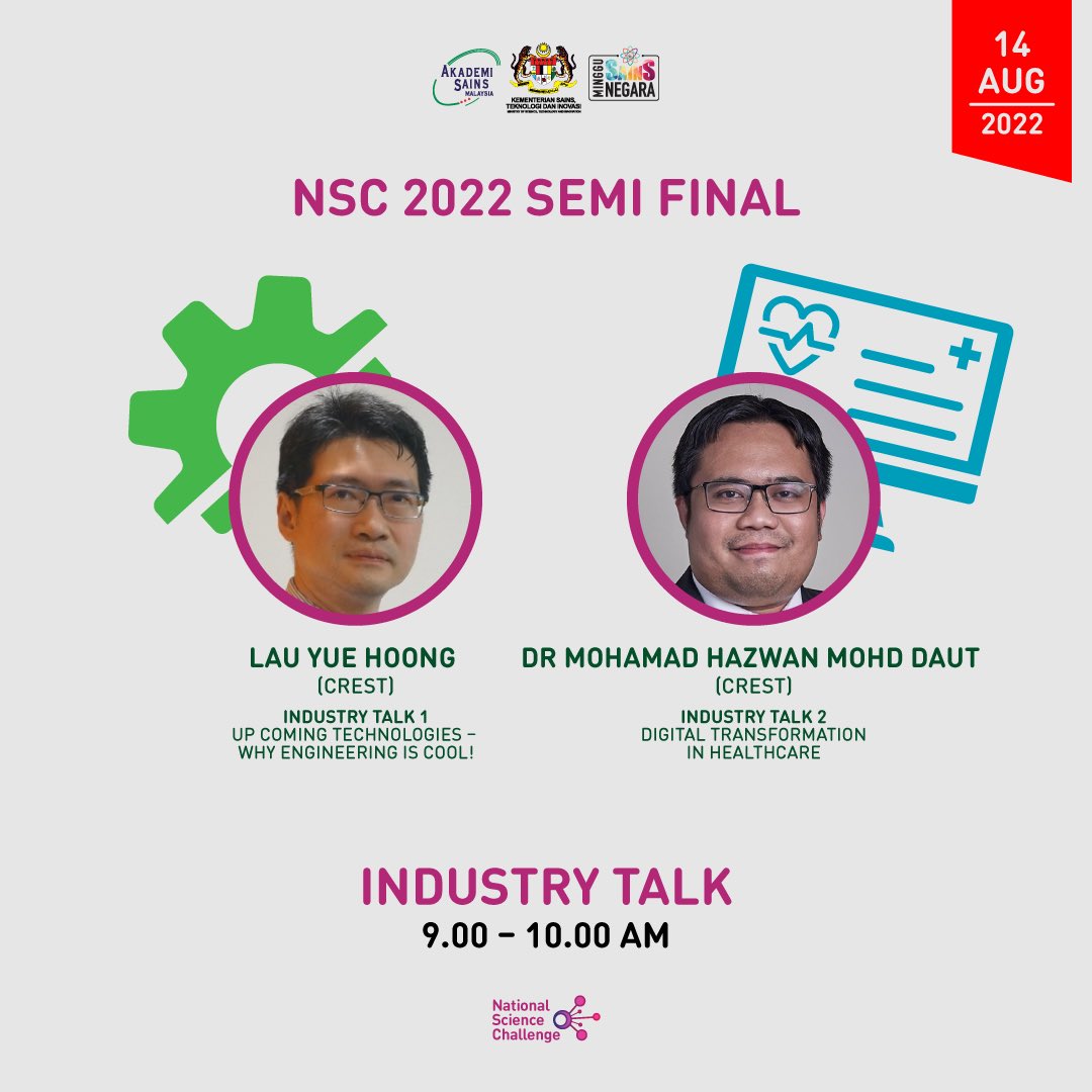 nsc_my's tweet photo. How is the current STEM industry relevant to the students, and what awaits them in the future? Let's hear from our Strategic Partner, CREST, for the Industry Talk session. 

#MOSTI #AkademiSainsMalaysia #MingguSainsNegara #MSN22 #NSC22 #STEM #ScienceEducation #CREST https://t.co/4pmQO5hiQX