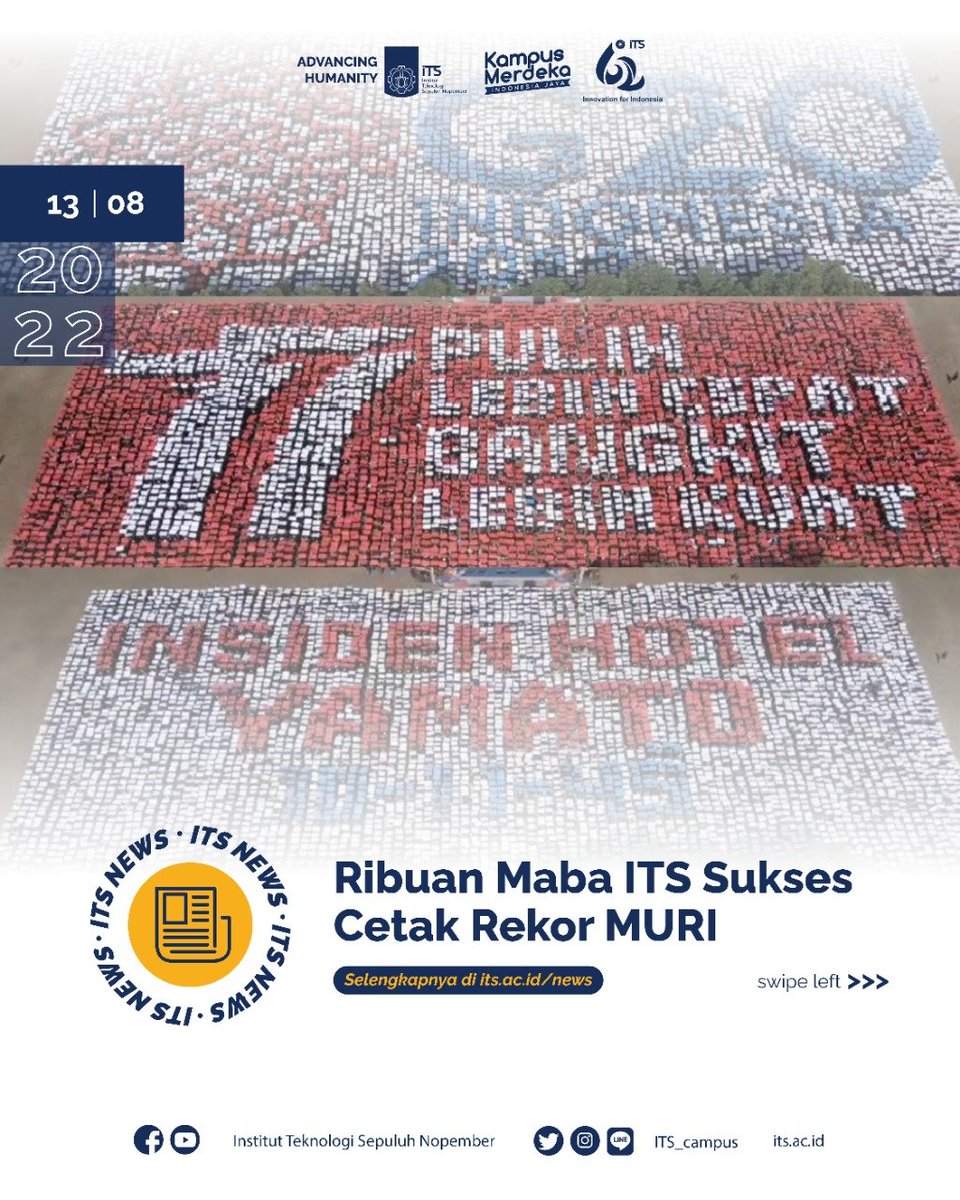 its_campus's tweet photo. #ITSNews

Lima hari usai dikukuhkan menjadi mahasiswa baru (maba), angkatan baru ITS berhasil mengukir nama almamater di MURI. Pemecahan rekor ini diikuti sekitar 5.500 mahasiswa baru ITS di gelaran hari terakhir Gerigi 2022 di Taman Alumni ITS,  Sabtu (13/8). https://t.co/VUh0pJO5xe