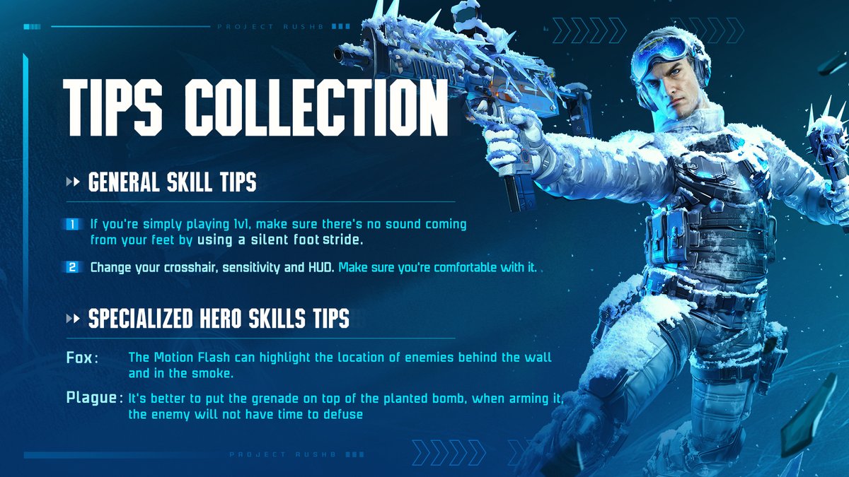 projectrushb's tweet photo. Hi players in Rush B, here are second bunch of super useful tips!!! These moviment and skills tips can give your enemies a final shot or save your when you have a close call. Follow tips and be invincilbe in the battle!! https://t.co/u2CAdl6DT9