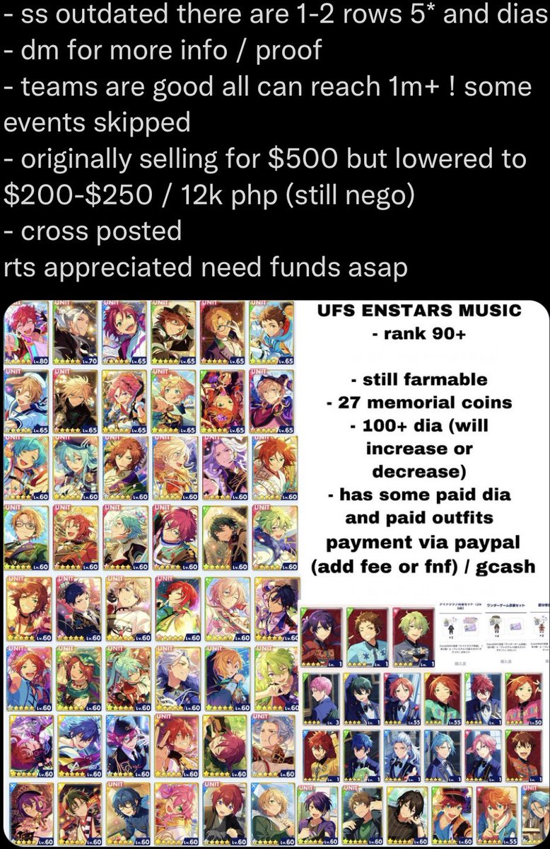 pierrogf's tweet photo. hello I know this isn’t genshin related but I need one of my game accs sold asap since my buyer backed out :(( all info in pic + posted on other accs! 

+ one random person who rts will get 1,000php (or any currency equal to that) via PayPal/gcash after the acc gets sold! /srs https://t.co/ub4p3B5w6N