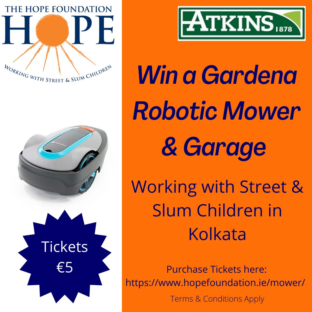 HopeFoundation's tweet photo. For only €5 you could own a Robotic Mower &amp; Mower Garage. Tickets can be bought here: https://t.co/a95vR1yZaV @atkinscork https://t.co/TJajVVZPDA