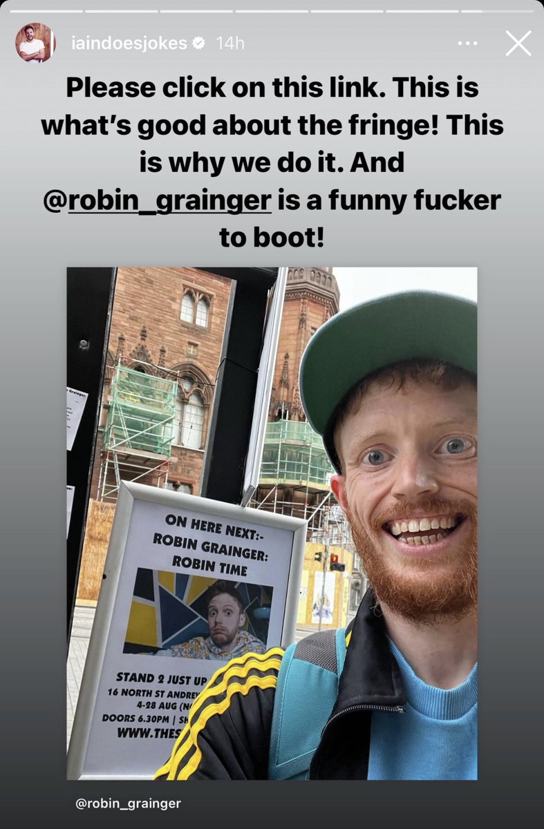 RobinGrainger's tweet photo. Thank you so so much to the amazing @IainDoesJokes โค๏ธ
My show is at 6.40pm, daily at @StandComedyClub
https://t.co/vm9oI03hEW
https://t.co/I48QT0yOxh
#edfringe #thestandcomedyclub #robingrainger #robintime #linkinbio #thankyou #robingraingerappreciationsociety https://t.co/LCSvmWZT0L