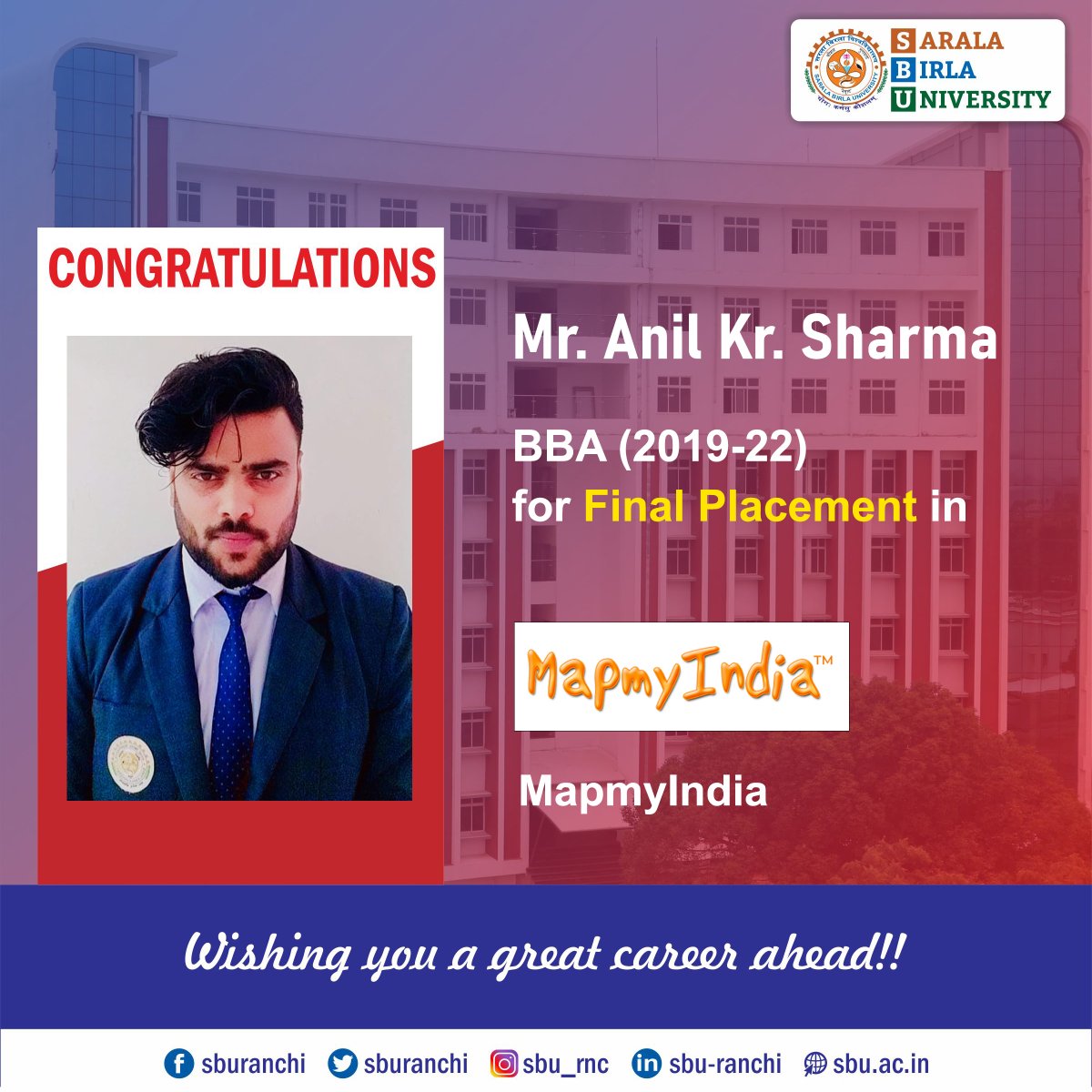 sburanchi's tweet photo. Congratulations to Mr. Anil Kumar Sharma of BBA 2019-22 Batch for his Final Placement in MapmyIndia.
#sbu #sburanchi #campusplacement #finalplacement #BBA #BBAplacement #MapMyIndia https://t.co/QOtVDP8BDT