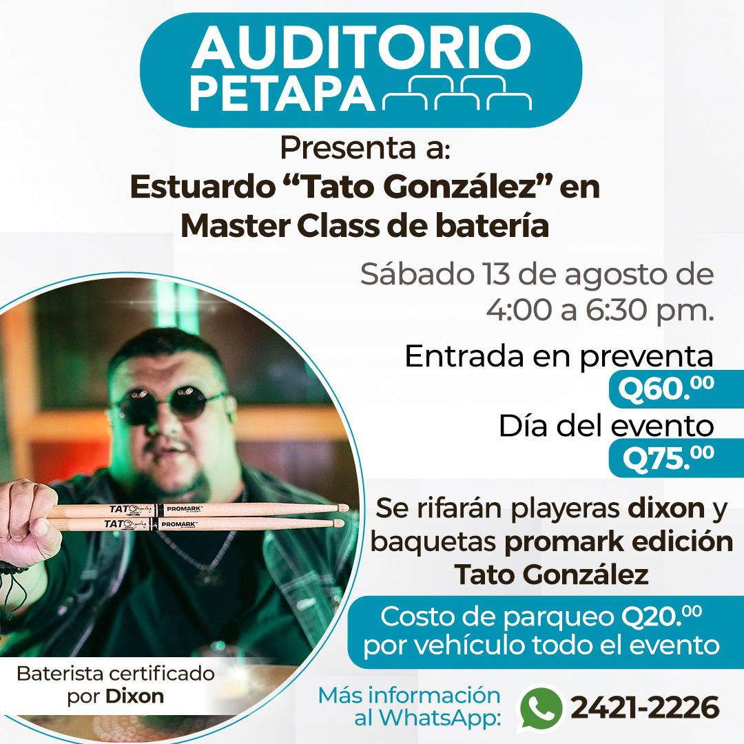 NuestroDiario's tweet photo. 🚨 🥁¡HOY! Auditorio Petapa te invita a que conozcas más de Tato González, Baterista certificado por Dixon en la Gran Master Class. 🤩 🎶
📞 Más información al: 2421.2226.
#DoMiSol #PROMARK #EVANS #SABIAN #MusicPro #DIXON https://t.co/XzCtP325z9