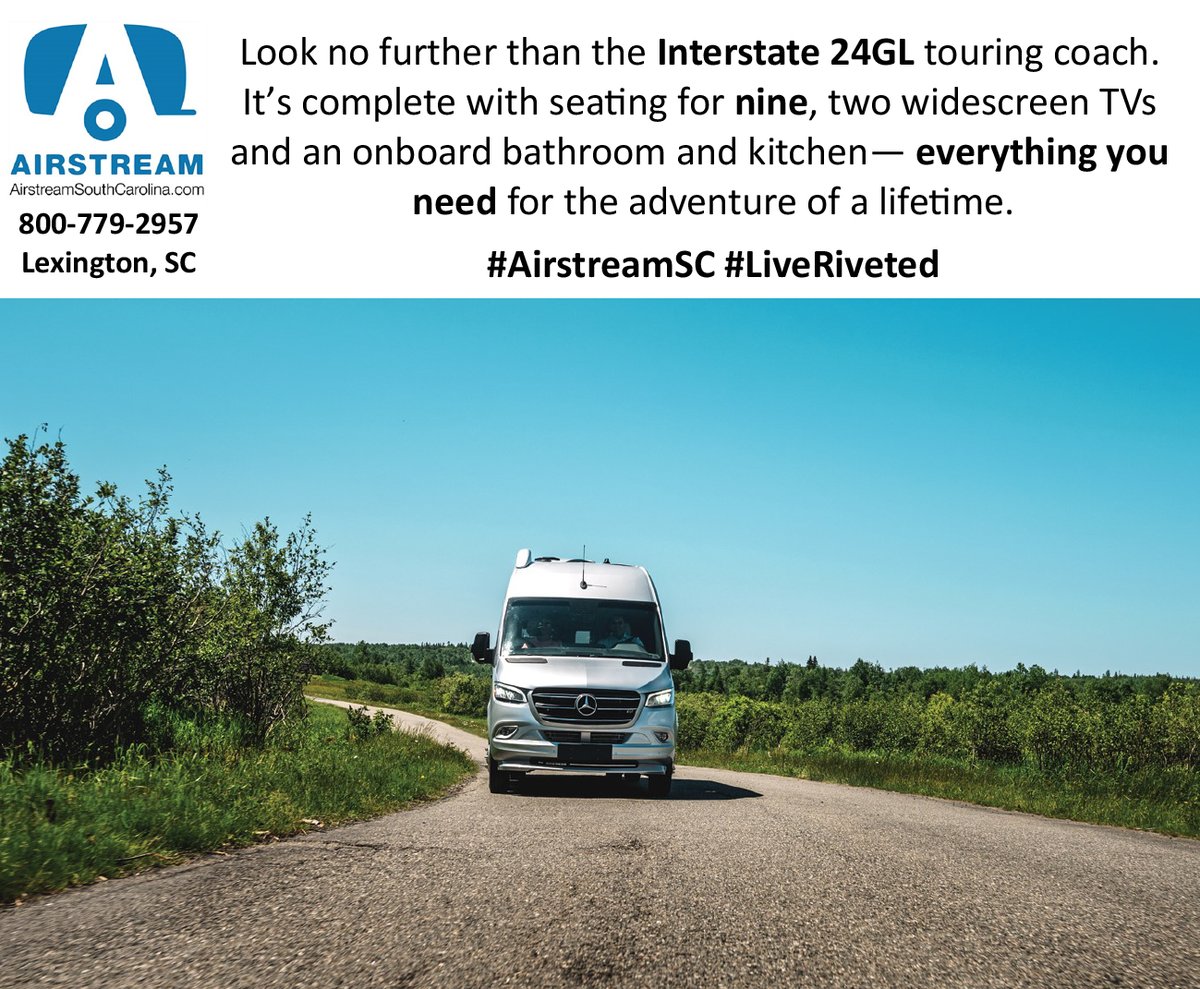 AirstreamSC's tweet photo. "Planning a road trip with eight of your best friends? 

Look no further than the Interstate 24GL touring coach. It’s complete with seating for nine, two widescreen TVs and an onboard bathroom and kitchen— everything you need for the adventure of a lifetime. "
#airstreamsc #camp https://t.co/oC0Mj3SE5x
