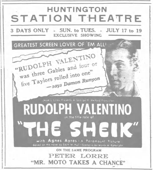 A 1938 ad for silent, The Sheik starring Rudolph Valentino. He's also referenced in Manic Monday by The Bangles. #classicmoviestars #TheSheik #GoldenAgeofHollywood #vintageadvert #clarkgable #oldmovies #moviestar #OldHollywood  #vintage #RudolphValentino #silentstar #silentmovies