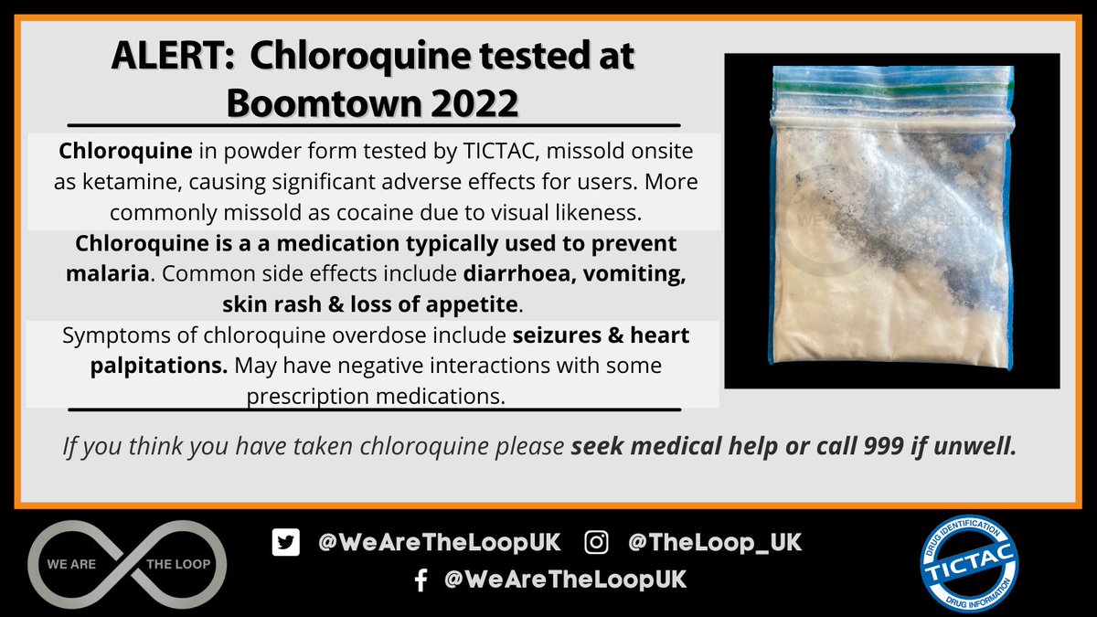WeAreTheLoopUK's tweet image. Chloroquine, which is used to prevent malaria, was identified by TICTAC @boomtownfair, having been missold onsite as ketamine. Can cause diarrhoea, vomiting, skin rash &amp;amp; lack of appetite. 
Please take care and seek medical help if unwell.

#LoopAlert
#JustSayKnow
#TimeToTest