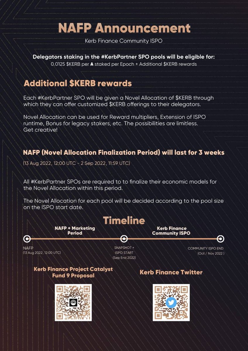 NAFP of the <a href="/kerbfinance/">Kerb Finance</a> Community #ISPO begins now.

#KerbPartner SPOs have been given the freedom to provide customized offerings of $KERB to their delegators.

Research, Discuss and Innovate.

All the best to the #SPOs

#NAFP #BTPFTP #BuildInBear