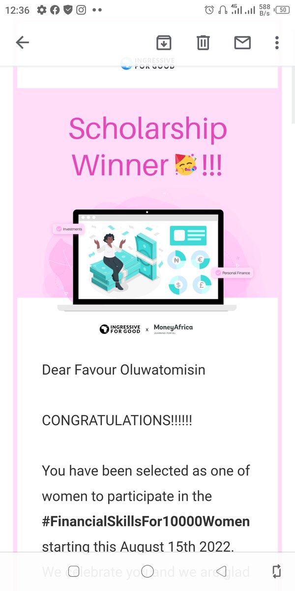 rige97338894's tweet photo. "I just won #FinancialSkillsFor10000Women scholarship. I’m about to learn financial skills and build wealth. Thanks to @ingressive4Good and @moneyafrica” https://t.co/yhllKfEtE5