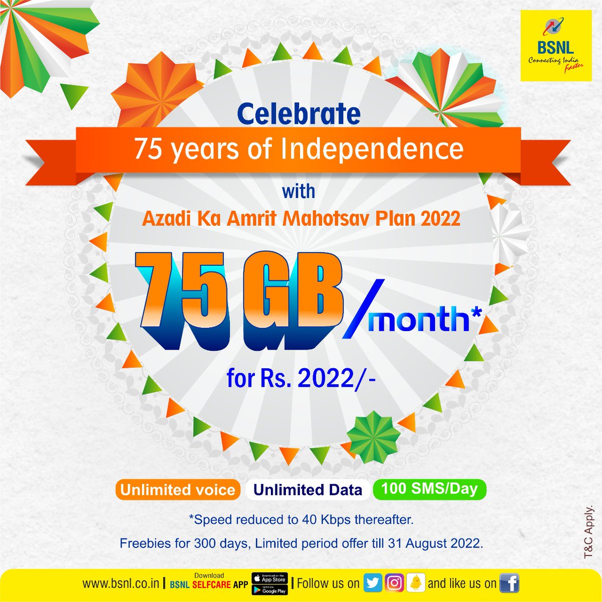 BSNLCorporate's tweet photo. Celebrate this 75th #IndependenceDay with #BSNL's Azadi Ka Amrit Mahotsav Plan. 75GB data/month for only Rs. 2022!
#AzadiKaAmritMahotsav #HarGharTiranga #IndiaAt75 #AmritMahotsav https://t.co/zRhHbdqSXM