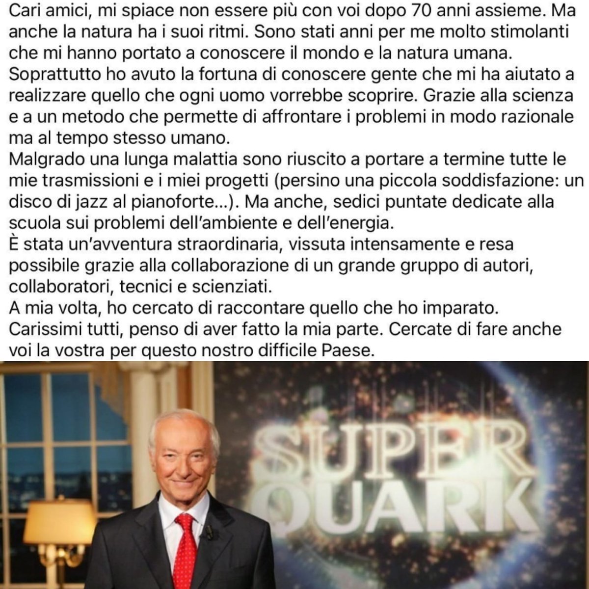 ClaMarchisio8's tweet photo. Ci hai accompagnato alla scoperta di mondi sconosciuti con garbo, eleganza e semplicità lasciandoci sempre a bocca aperta.
Fin da bambino un professore buono e appassionato.
Grazie #PieroAngela💔 https://t.co/QjWwtiOGMJ