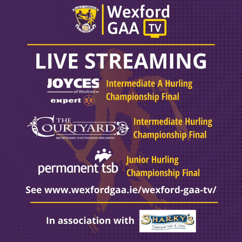 OfficialWexGAA's tweet photo. Streaming this weekend on Wexford GAA TV in association with @FishSharkys will be the finals of the @JoycesofWexford IAHC, The Courtyard Ferns IHC, and the @permanenttsb JHC. The @PettittsSuperV SHC Final will be shown live on TG4.