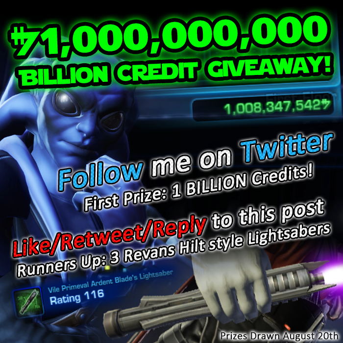 💸💸💸 ANOTHER #SWTOR BILLION CREDIT GIVEAWAY! 💸💸💸

💰Follow Me on Twitter before August 20th at a chance to WIN a BILLION CREDITS!!!💰
❤️‍🔥Like, Retweet OR Reply to go into the running to WIN 1 of 3 Revan Hilt Lightsabers!❤️‍🔥
#Swtorfamily #Giveaway #StarWars #LegacyoftheSith