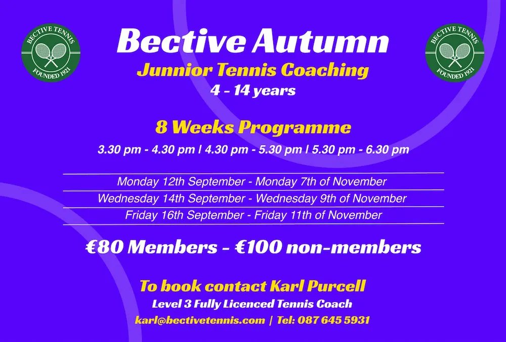 BectiveTennis's tweet photo. Junior coaching resumes this September - sign up today to avoid disappointment!
#Bective101 #BectiveJuniors #HitTheCourts https://t.co/wNLqTTK2yK