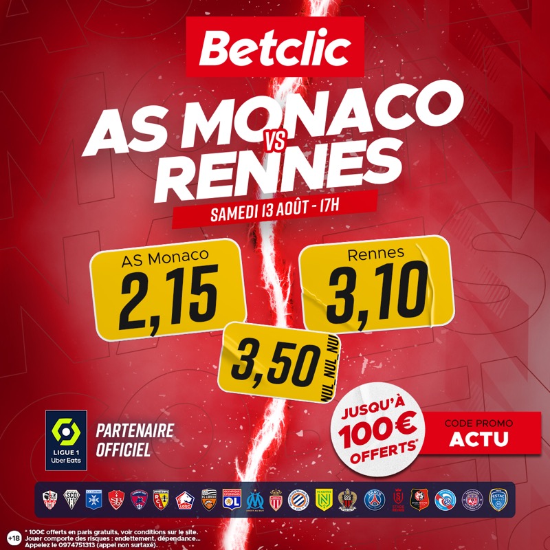ActuFoot_'s tweet photo. Les cotes @Betclic de Monaco - Rennes :

Jusqu’à 100€ offerts* pour votre 1er pari :
 ✔️ Récupère tes gains si ton pari est gagné.
 🔙 Récupère ta mise en freebets si ton pari est perdu.

CODE : ACTU