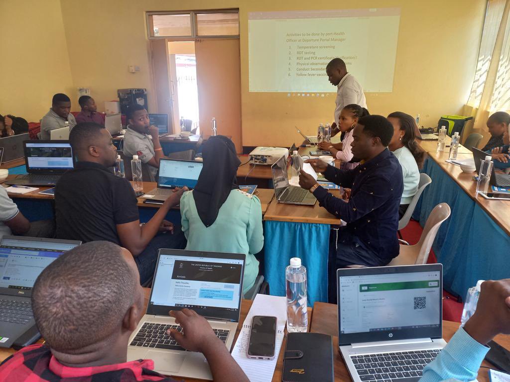 udsmdhis2lab's tweet photo. #KnowOurProject 
 @udsmdhis2lab team conducted a demonstration session with port health officers and presented an improved Afyamsafiri system. The improved version aims to solve existed challenges including addition of departure and yellow fever booking functionalities https://t.co/NrM9SkDsrl