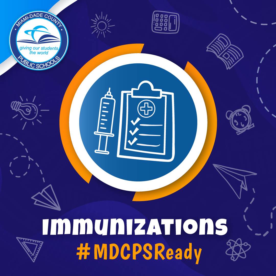 MDCPS's tweet photo. All @MDCPS students are required to have the mandatory school-age vaccines for the 2022-2023 school year. Be #MDCPSReady by visiting one of the FREE Back-to-School immunization locations today, August 13, 2022. Learn more at https://t.co/DOQJR2rvIk. https://t.co/58t1j9b3rS