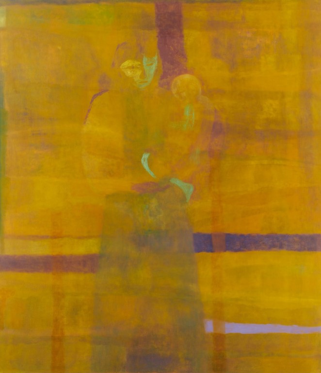 @MajaRuznic textile artist and painter. Artwork “Mother and Child (Yellow)”. “The sensation of fleeing Bosnia with my mother and grandparents has never fully left my body, and perhaps my repetitive ode to this archetypal image is my desire to set us free”. #ROMR launches 15.Aug!