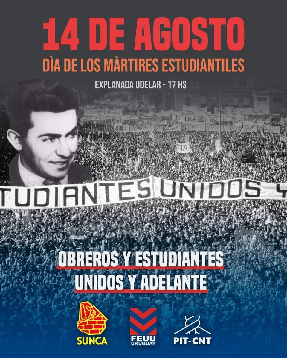 JacintoAFGAP's tweet photo. El 14 de agosto se conmemora el «Día de los Mártires Estudiantiles».
Homenajea a los y las jóvenes estudiantes asesinados durante la última dictadura y en los años previos, durante gobiernos electos pero inmersos en un proceso violento y fascistizante. 
#FEUU #PITCNT https://t.co/u7mPiwm4kI